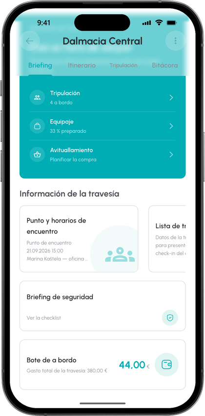 Pestaña de tripulación de la travesía: cuatro a bordo, equipaje al 33 %, avituallamiento, punto de encuentro y horarios, lista de tripulación, briefing de seguridad y bote de a bordo con 44 euros