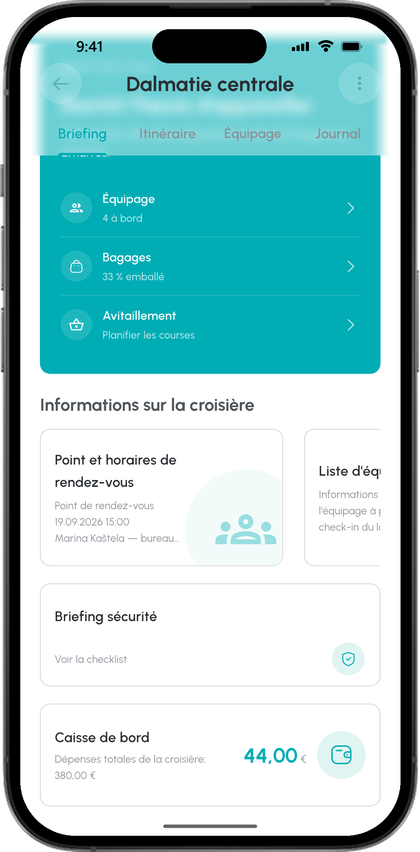 Onglet équipage de la croisière : quatre à bord, liste d'affaires remplie à 33 %, avitaillement, point de rendez-vous et horaires, liste d'équipage, briefing sécurité et caisse de bord de 44 euros