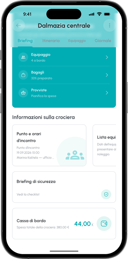Scheda equipaggio della crociera: quattro a bordo, lista bagagli al 33 %, provviste, punto d'incontro e orari, lista dell'equipaggio, briefing di sicurezza e cassa di bordo con 44 euro