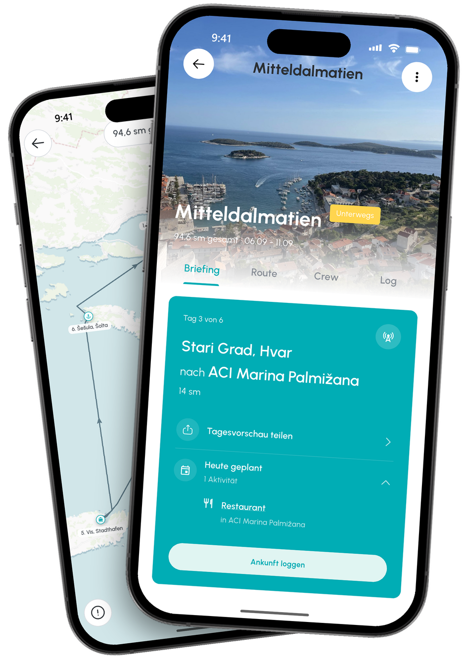 CoSkipper-App: das Törn-Briefing mit Countdown bis zum Ablegen und dem Stand von Crew, Packliste und Proviant, davor der Törn-Rückblick mit der gesegelten Route auf der Karte