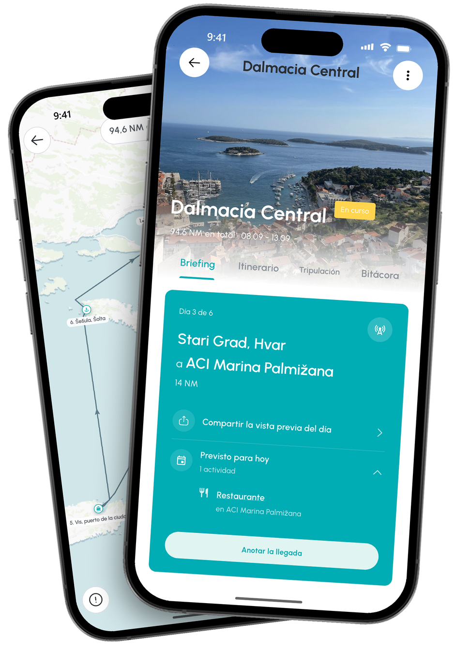App CoSkipper: el briefing de la travesía con la cuenta atrás hasta la salida y el estado de tripulación, equipaje y provisiones, delante del resumen de la travesía con la ruta navegada en el mapa