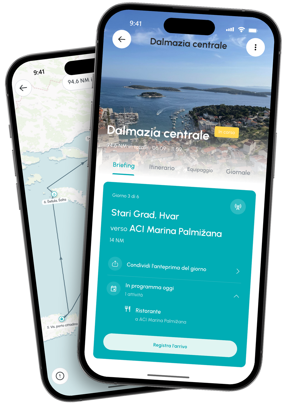 App CoSkipper: il briefing di crociera con il conto alla rovescia alla partenza e lo stato di equipaggio, bagagli e provviste, davanti al riepilogo di crociera con la rotta percorsa sulla mappa