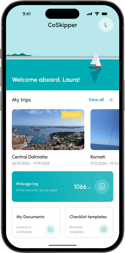 Home screen with a welcome, the trips Central Dalmatia and Kornati, the mileage log with 1066 sea miles, personal documents and checklist templates