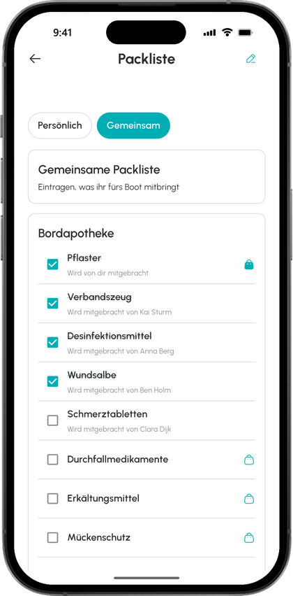 Gemeinsame Packliste in der App: Pflaster bringst du selbst mit, Verbandszeug, Desinfektionsmittel, Wundsalbe und Schmerztabletten bringen Kai, Anna, Ben und Clara mit, die übrigen Posten der Bordapotheke sind noch frei