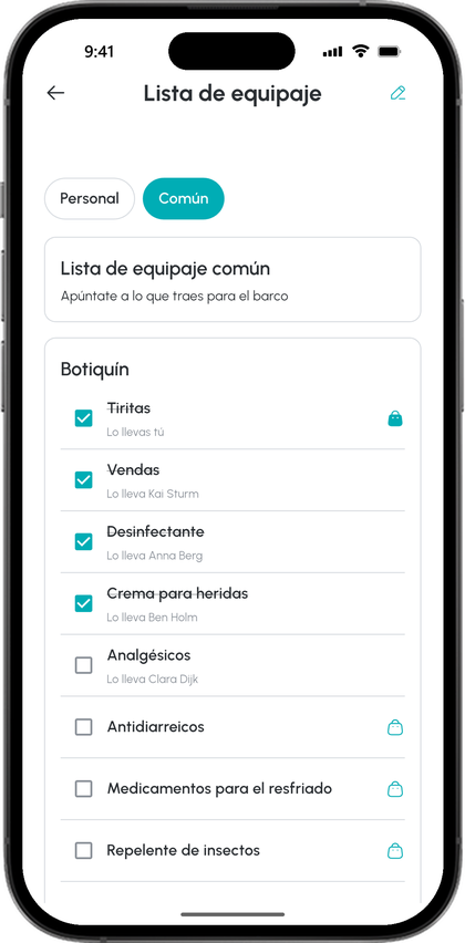 Lista de equipaje común en la app: las tiritas las llevas tú, Kai, Anna, Ben y Clara llevan vendas, desinfectante, crema para heridas y analgésicos, el resto del botiquín sigue libre