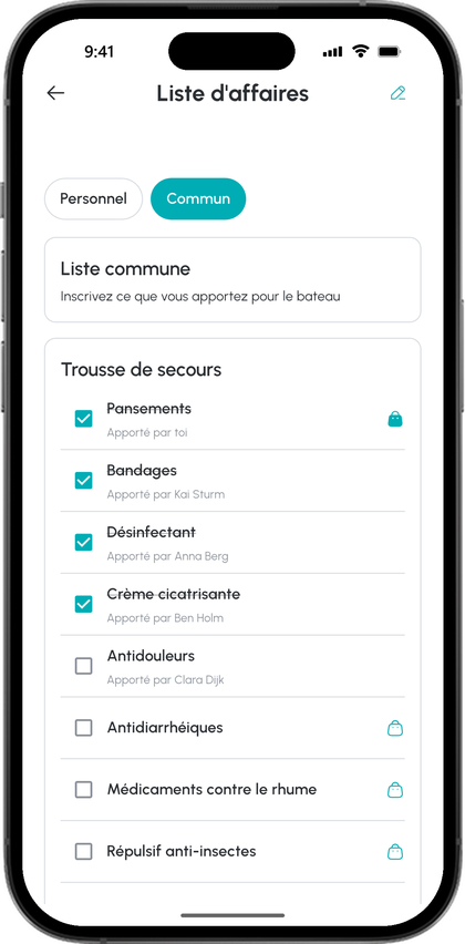 Liste d'affaires commune dans l'app : tu apportes les pansements, Kai, Anna, Ben et Clara apportent bandages, désinfectant, crème cicatrisante et antidouleurs, le reste de la trousse de secours est encore libre