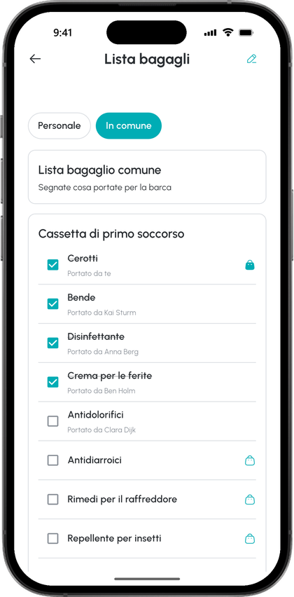 Lista bagagli comune nell'app: i cerotti li porti tu, Kai, Anna, Ben e Clara portano bende, disinfettante, crema per le ferite e antidolorifici, il resto della cassetta di primo soccorso è ancora libero