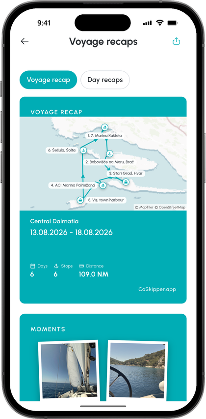 Voyage recap Central Dalmatia with the sailed route on the map, six days, six stops, 109 sea miles and photos of the moments