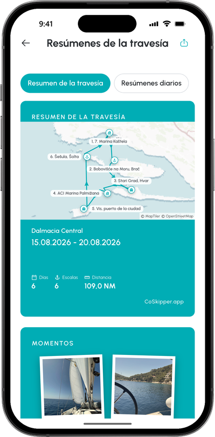 Resumen de la travesía Central Dalmatia con la ruta navegada en el mapa, seis días, seis escalas, 109 millas náuticas y fotos de los momentos