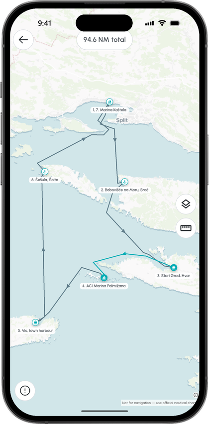 Route map of Central Dalmatia with six legs from Split via Šolta, Hvar and Vis, 94.6 sea miles in total